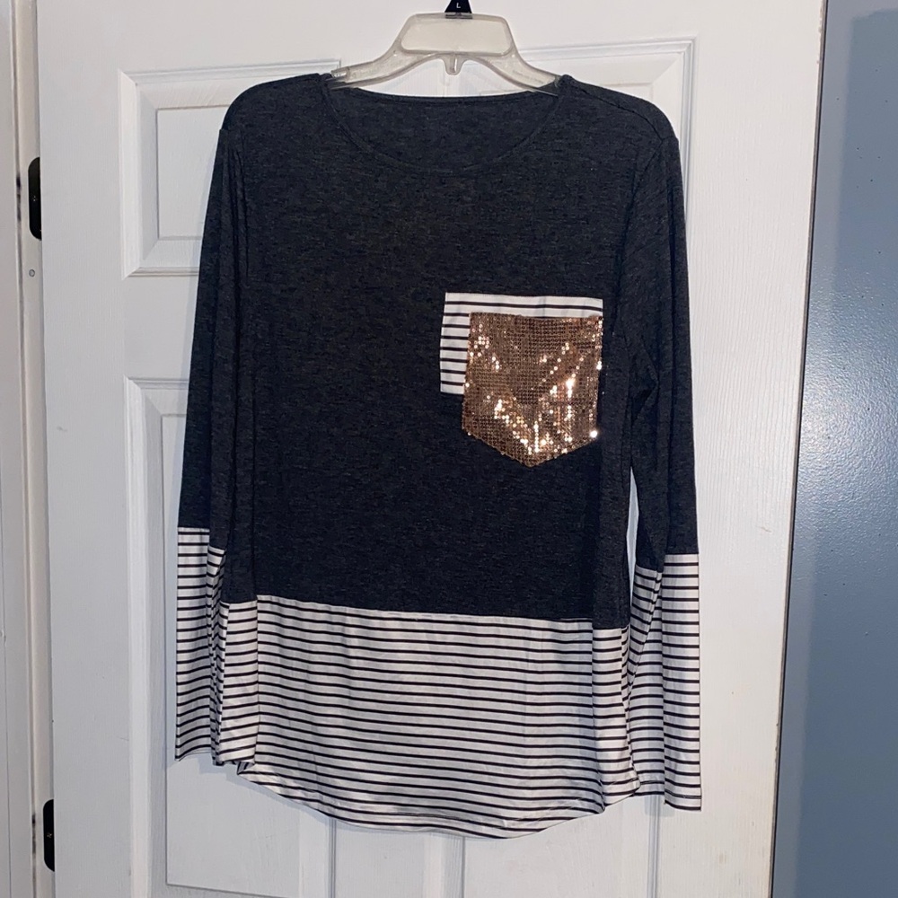 Stylish Charcoal and White Striped Long Sleeve Tee with Gold Sequin Pocket